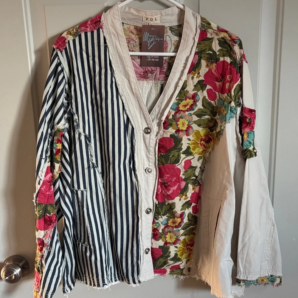 POL Mixed-Print Button-Down Shirt Jacket in Navy, Cream & Pink - Picture 1 of 3